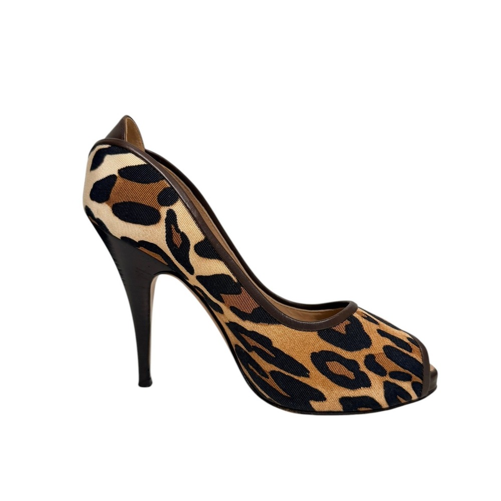 Giuseppe Zanotti Leopard Print Peep Toe Stiletto Canvas Heels‎ Brown Tan 37.5
